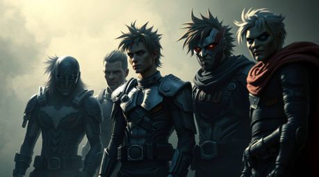 A captivating digital painting showcases a team of misfit heroes, rendered with a soft cinematic haze and soft focus. The haz