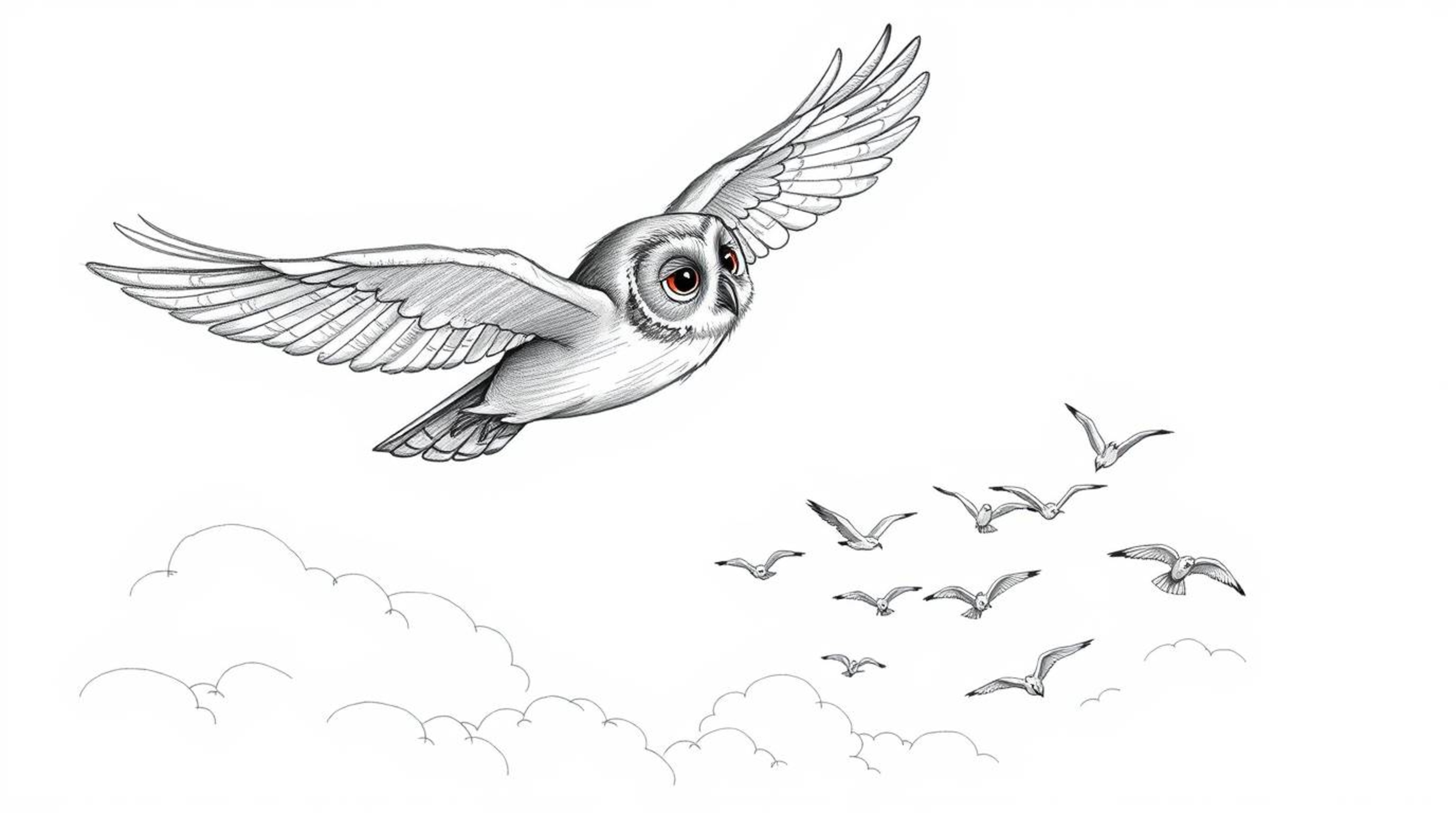 A captivating hand-drawn sketch, rendered in Pixar style, depicts a blind owl with textured pencil strokes soaring proudly ab