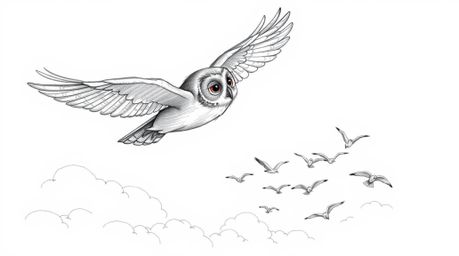 A captivating hand-drawn sketch, rendered in Pixar style, depicts a blind owl with textured pencil strokes soaring proudly ab
