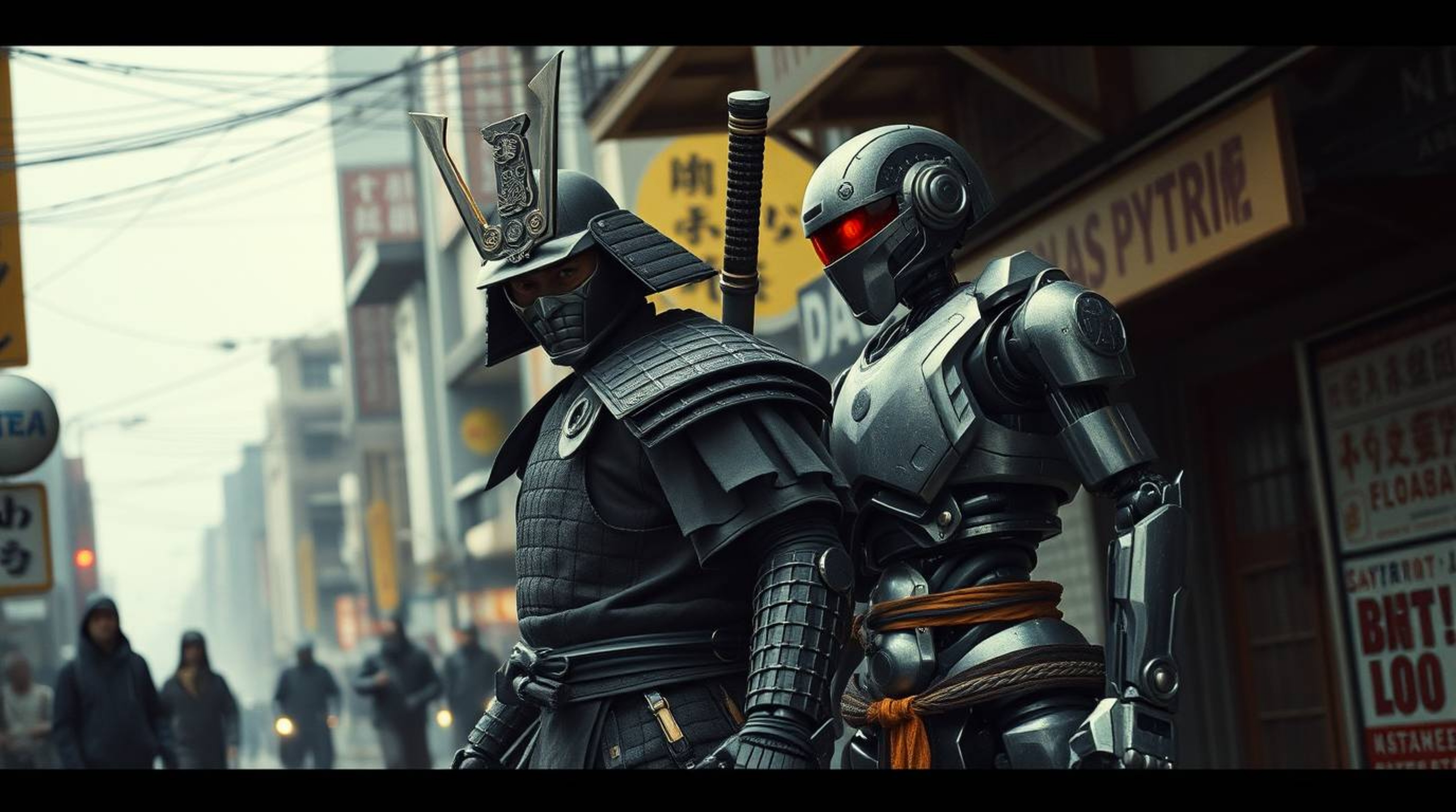 A captivating image showcasing a samurai and a robot engaged in a dramatic confrontation within a chaotic urban dystopian lan