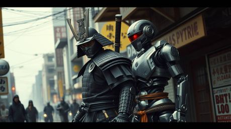 A captivating image showcasing a samurai and a robot engaged in a dramatic confrontation within a chaotic urban dystopian lan