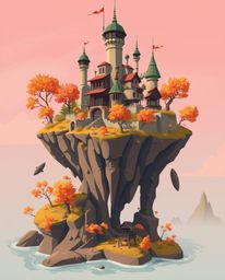 Explore a surreal floating island with bizarre architecture, rendered in a modern flat design style. The artwork showcases wa