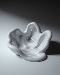 A digital rendering showcasing sculptural 3D fluid shapes, reminiscent of mercury's reflective surface, bathed in studio ligh
