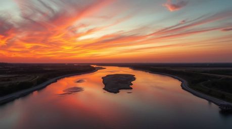 High-resolution stock photo of a winding river glowing under a dramatic orange-pink sunset sky. Perfect for commercial use, t