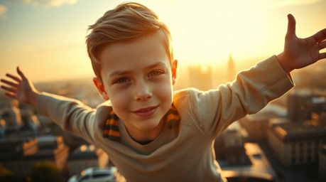 Capture the magic with this high-resolution stock photo featuring a young boy with refined features and fair skin, gracefully