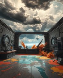 Experience a captivating futuristic sci-fi scene showcasing a room exploding with vibrant paint amidst a stormy backdrop. The