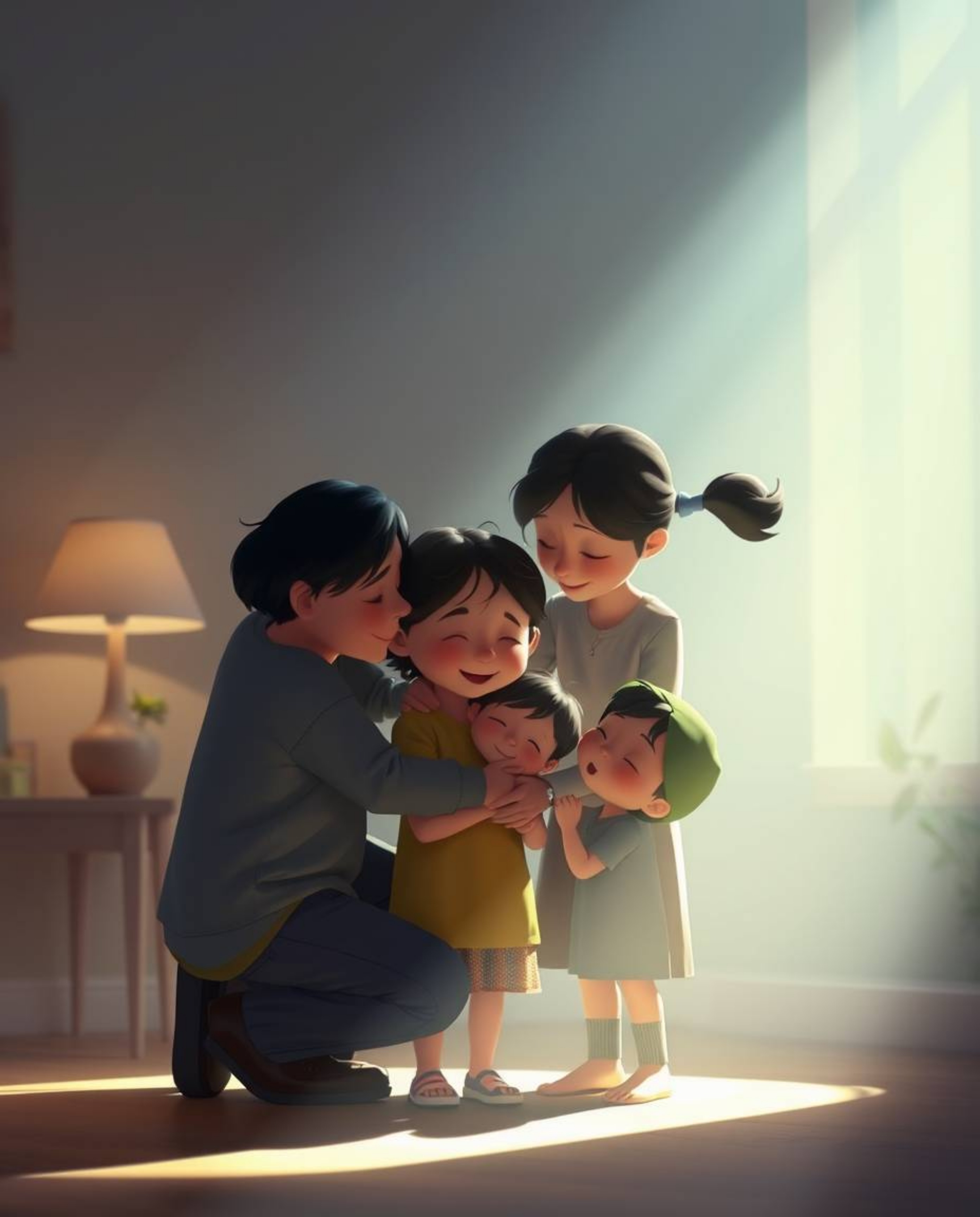 This heartwarming Pixar-style image captures a beautiful family reunion, bathed in soft, gentle light that emphasizes the emo