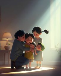 This heartwarming Pixar-style image captures a beautiful family reunion, bathed in soft, gentle light that emphasizes the emo
