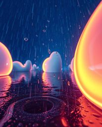 Immerse yourself in a captivating low-angle perspective of a wet and rainy scene, brought to life with futuristic 3D fluid sh
