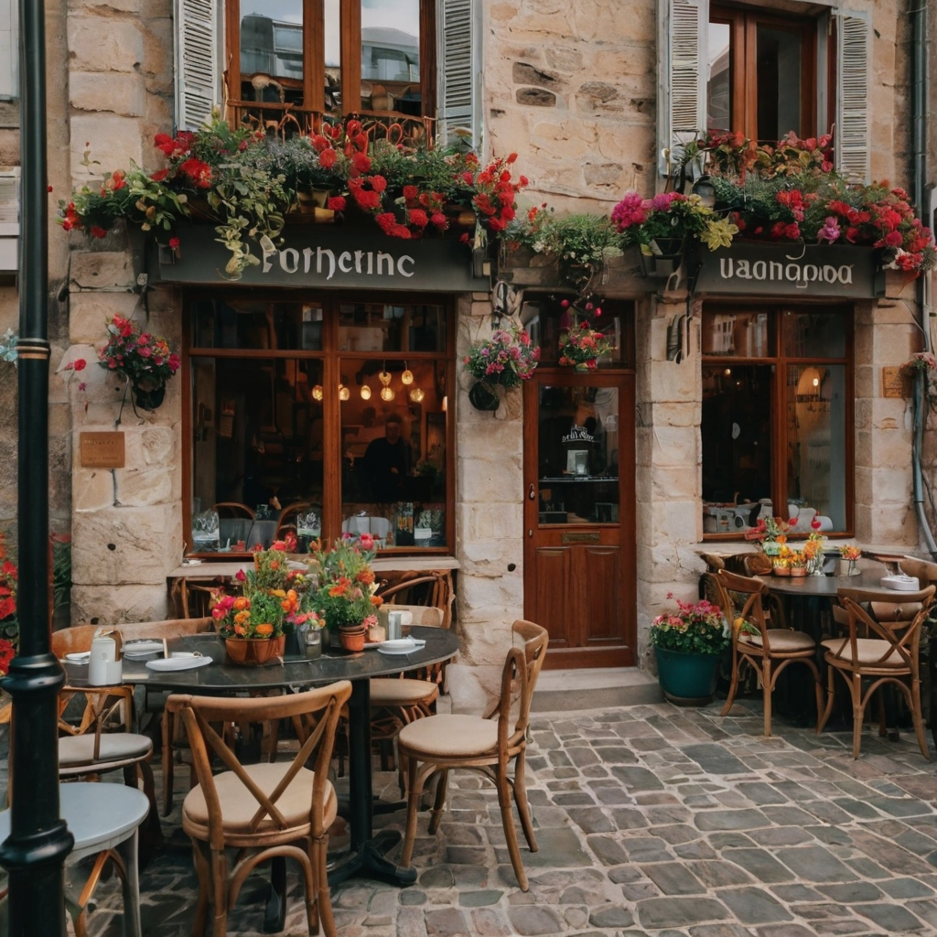 Experience the charm of a cozy European café with inviting outdoor seating. Nestled amongst beautiful stone buildings adorned
