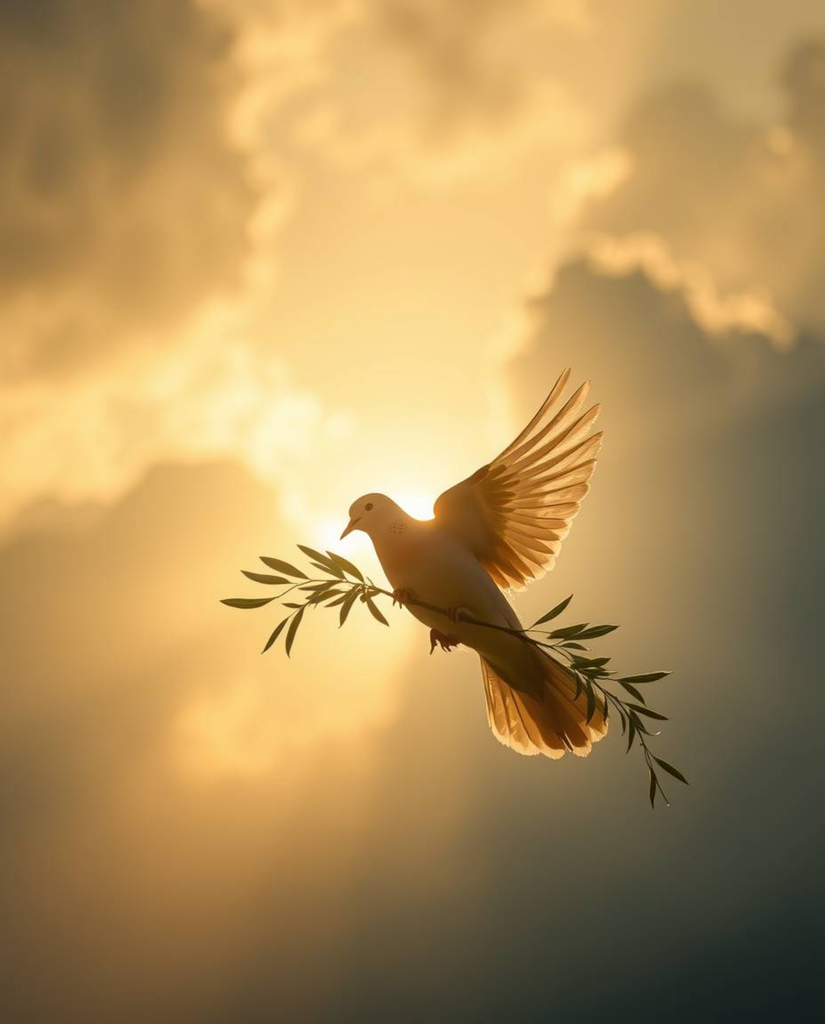 A captivating image featuring a dove carrying an olive branch silhouetted against a stormy sky, bathed in a warm golden glow.