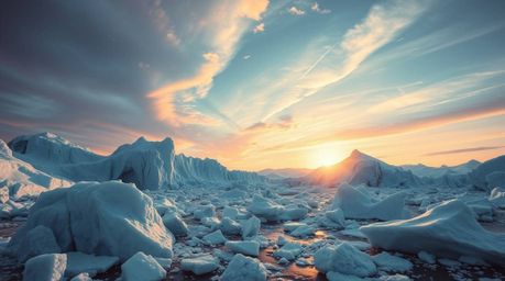 Explore a surreal infrared-toned image of a grand, epic landscape featuring a breathtaking sunset over massive icy polar glac
