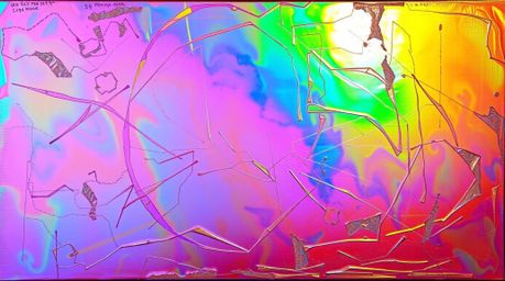 A bold acrylic painting showcases an iridescent gradient texture on a metallic surface.  Vibrant color shifts and abstract pa
