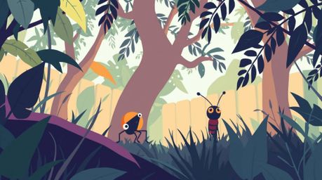 Discover a captivating flat design illustration of a bug-sized hero embarking on an adventure within a vibrant backyard jungl