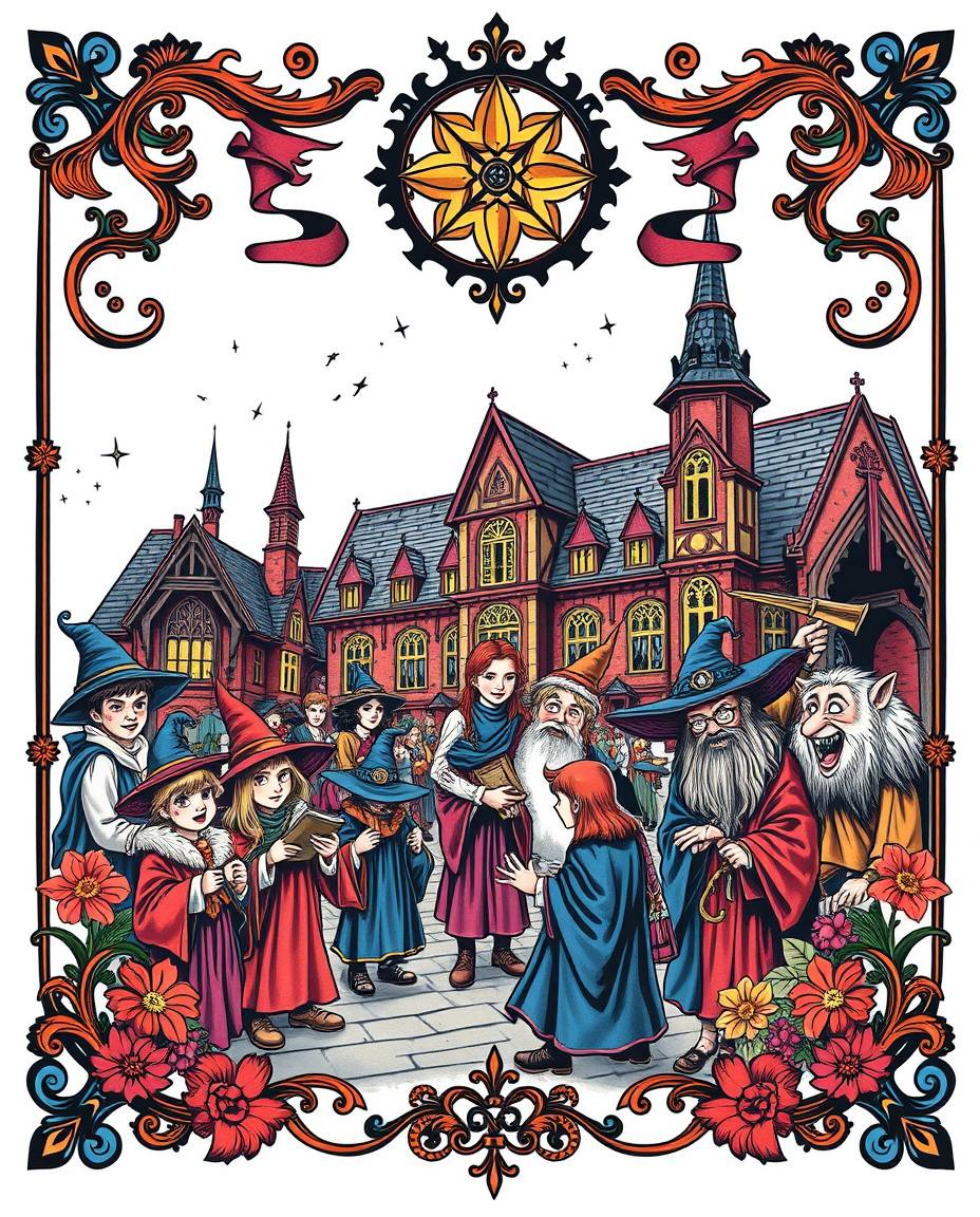 This vibrant art print showcases a traditional tattoo-style depiction of a magical school brimming with young wizards.  Rende