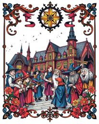 This vibrant art print showcases a traditional tattoo-style depiction of a magical school brimming with young wizards.  Rende