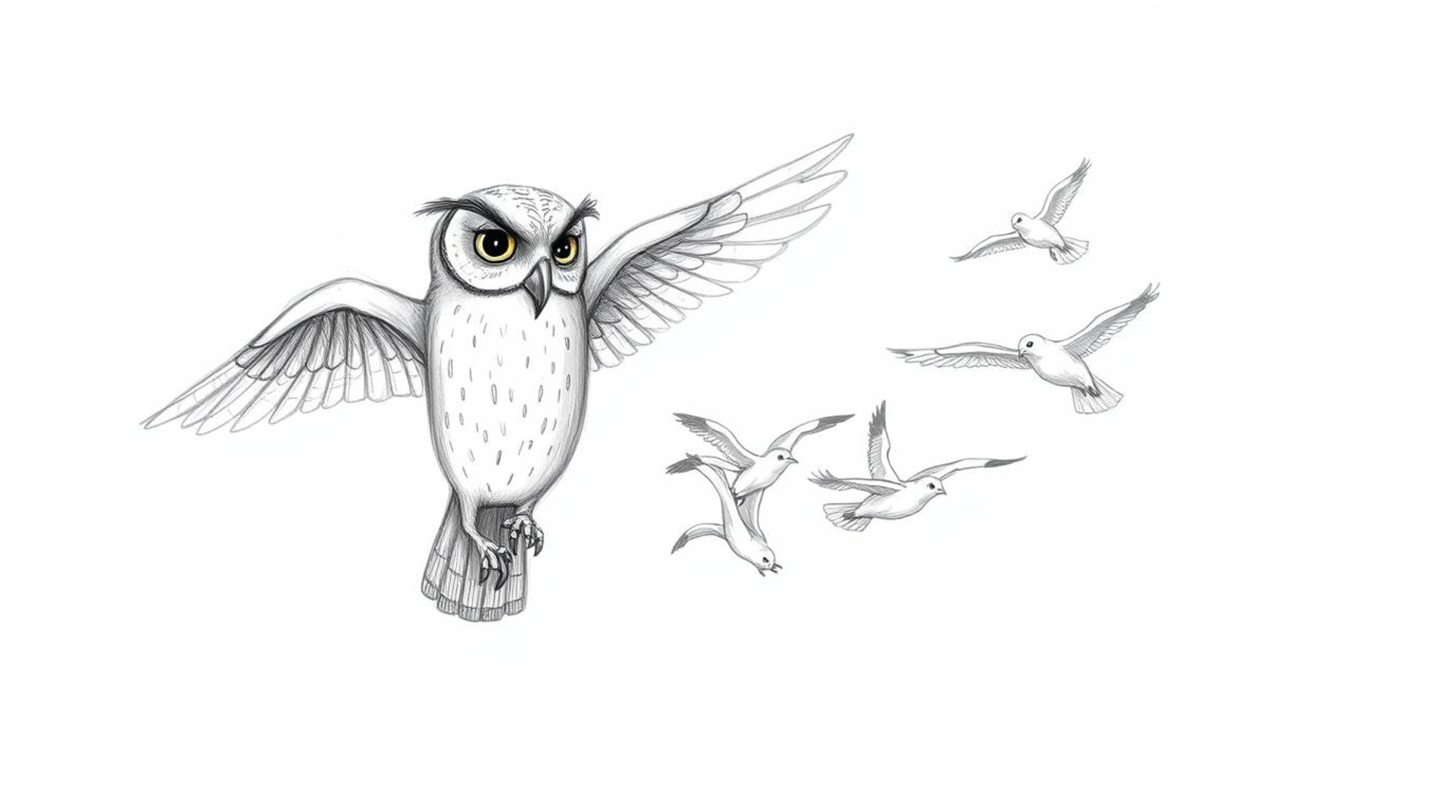 A hand-drawn sketch in a textured pencil style, reminiscent of Pixar, depicts a blind owl with a down-turned beak and wise ey
