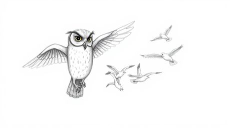 A hand-drawn sketch in a textured pencil style, reminiscent of Pixar, depicts a blind owl with a down-turned beak and wise ey