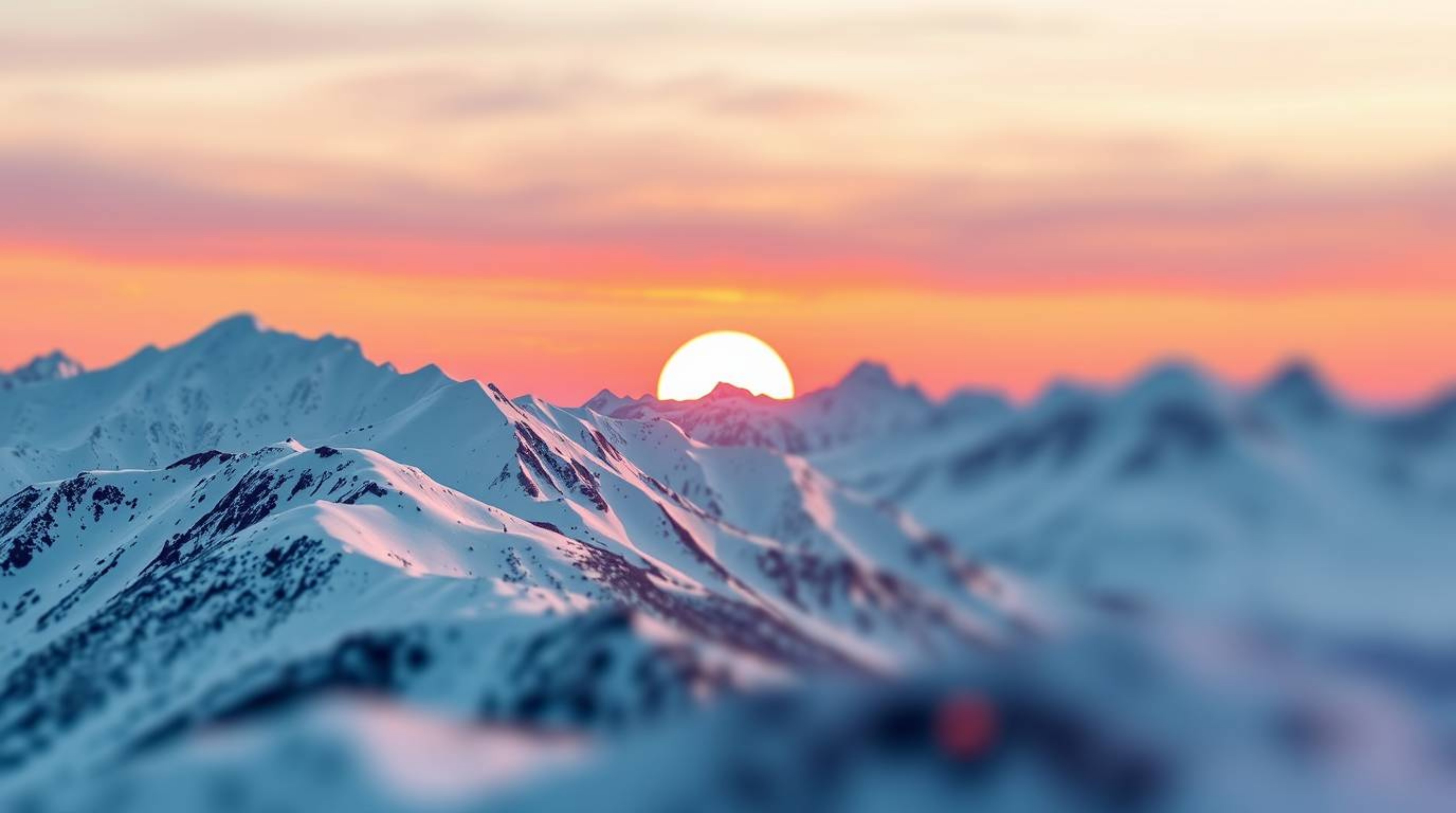 This stunning modern flat design image showcases snow-covered mountains bathed in the warm glow of a pastel sunset.  The scen