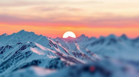 This stunning modern flat design image showcases snow-covered mountains bathed in the warm glow of a pastel sunset.  The scen