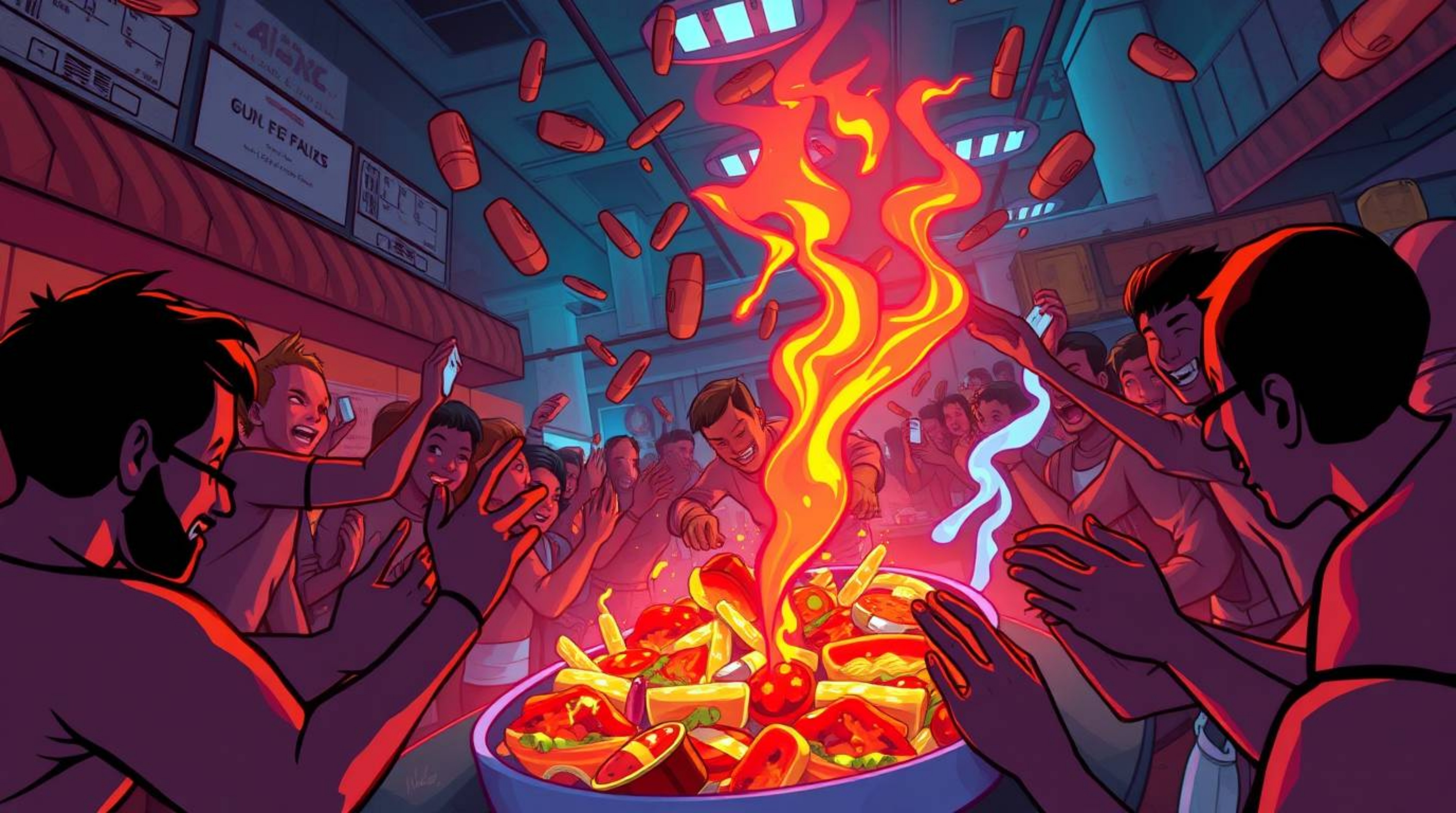 Experience the chaos of a cartoon cafeteria food fight brought to life with glowing bioluminescent colors, creating a vibrant