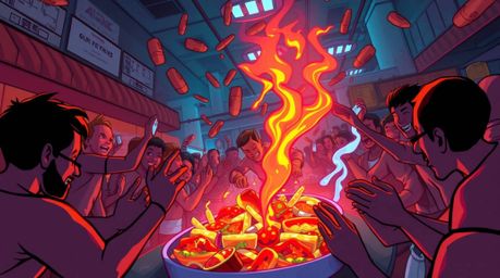 Experience the chaos of a cartoon cafeteria food fight brought to life with glowing bioluminescent colors, creating a vibrant