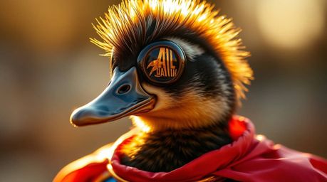 A captivating close-up shot showcasing a radiant and luxurious duck adorned in a zany superhero costume. Bathed in warm golde