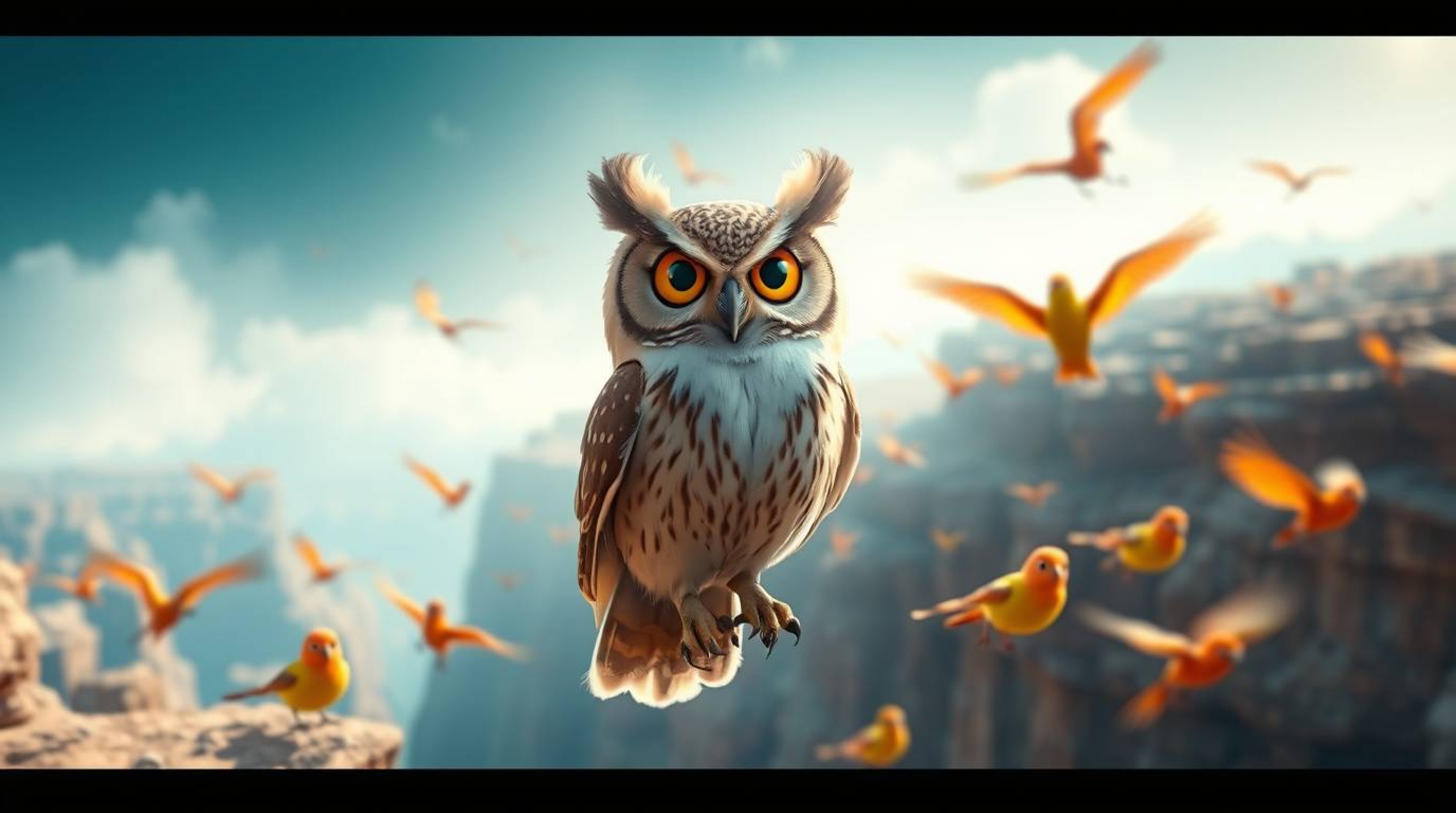 This ethereal and spiritual photographic depiction, designed in the style of Pixar animation, features a blind owl guiding a 