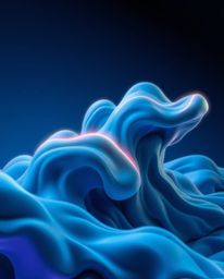 This artwork showcases a futuristic 3D rendering of fluid shapes with captivating glowing edges set against a deep blue backg