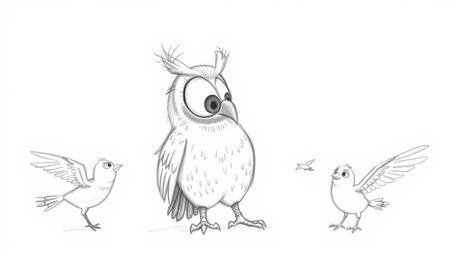 A heartwarming, hand-drawn pencil sketch in Pixar style depicts a blind owl with large, expressive eyes guiding a group of bi