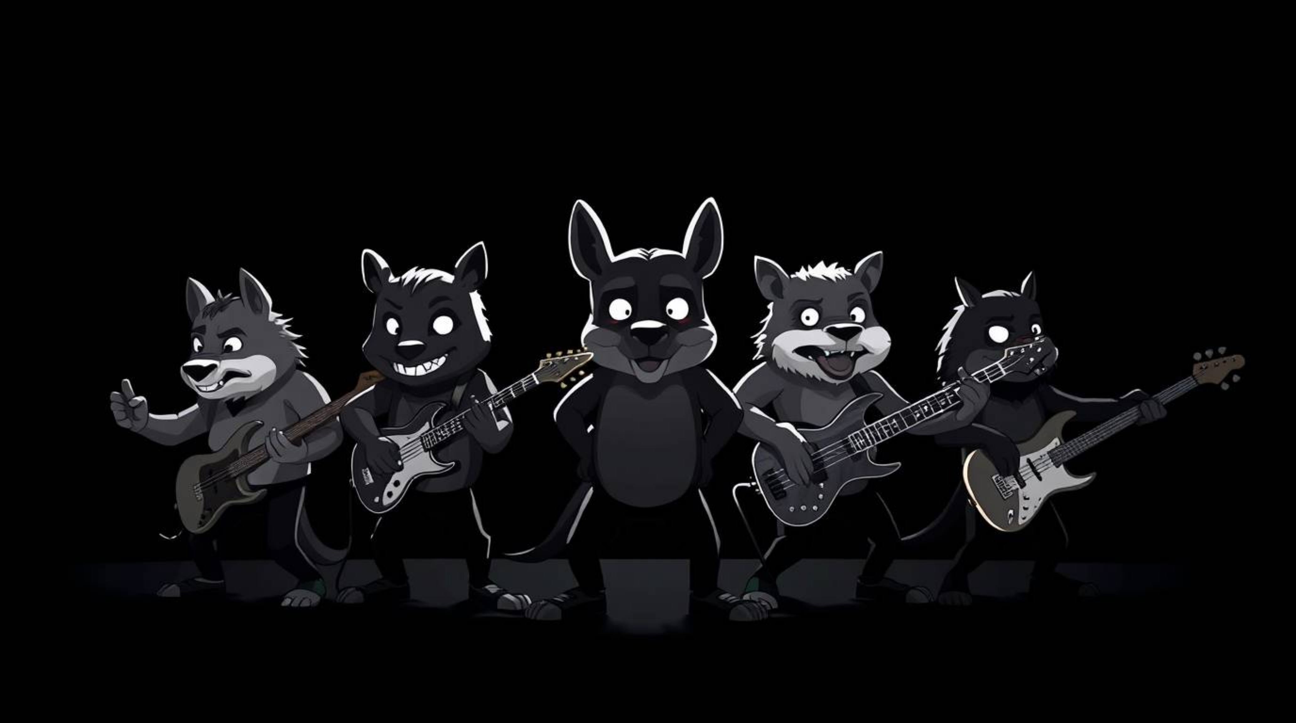 Experience a captivating visual of a cartoon rock band, rendered entirely in intense jet black with deep shadows.  The stark 