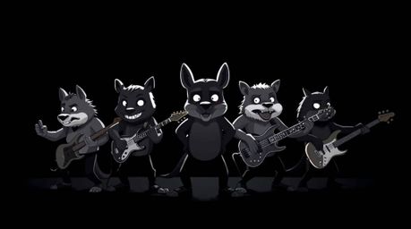 Experience a captivating visual of a cartoon rock band, rendered entirely in intense jet black with deep shadows.  The stark 