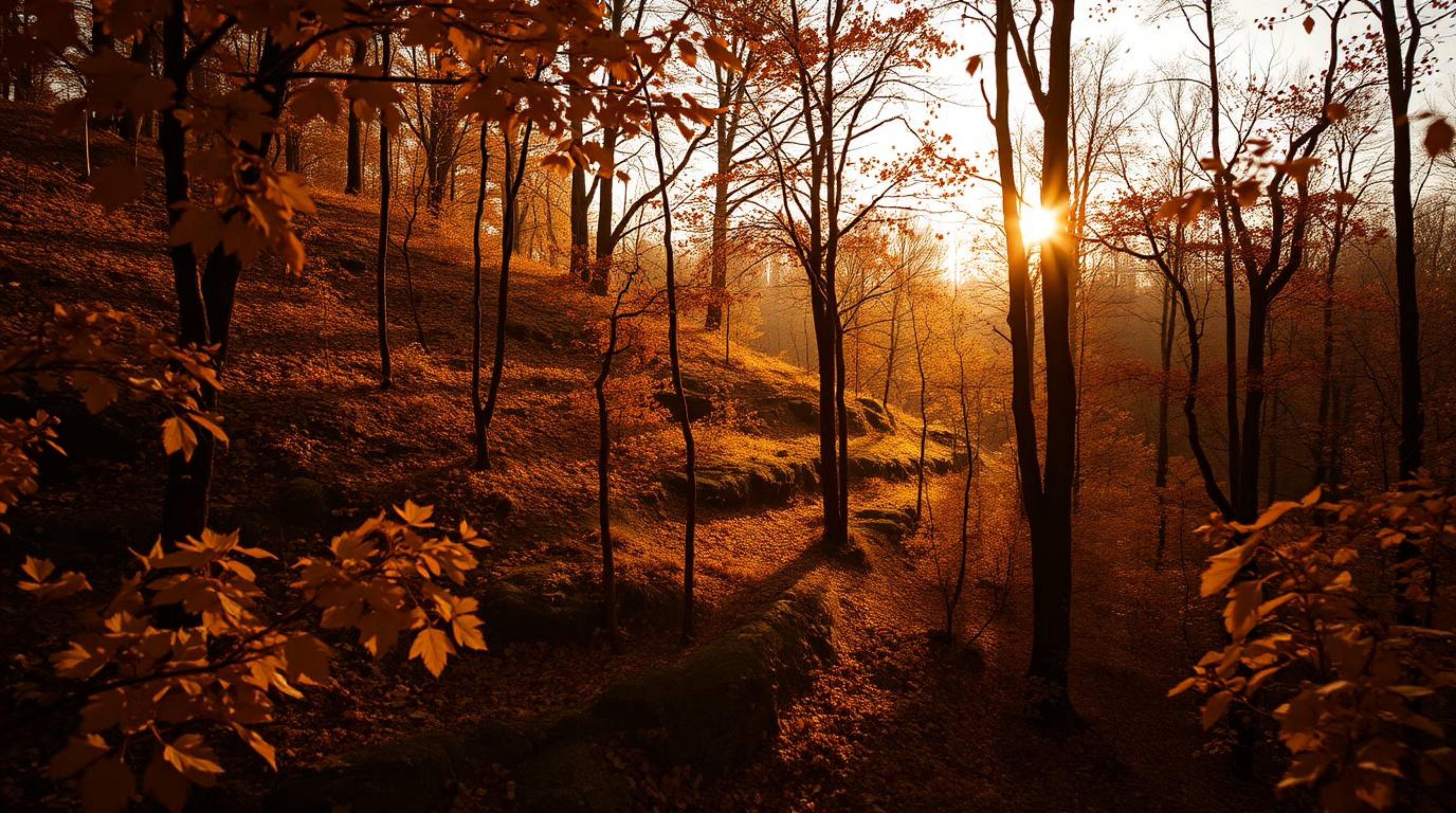 Experience the enchanting beauty of an autumn forest bathed in the warm hues of a sunset. Golden leaves shimmer amidst a back