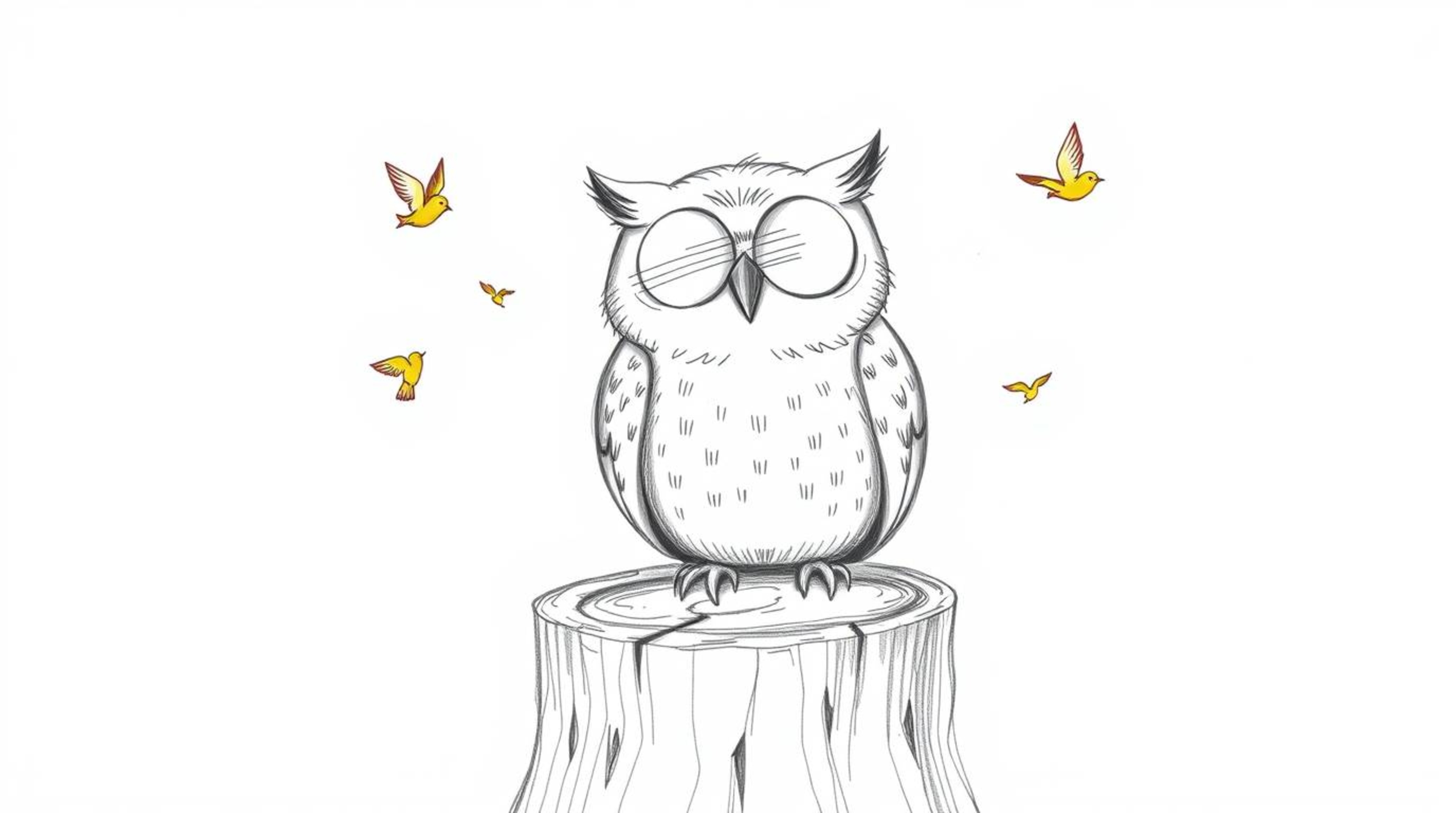 A heartwarming, hand-drawn sketch in the style of Pixar, featuring a blind owl with a wide, cheerful grin perched upon a tree