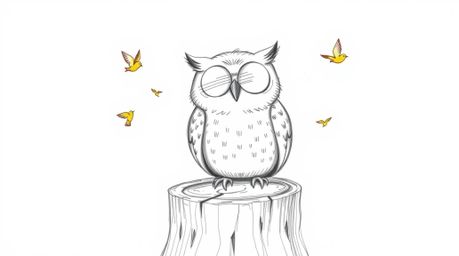 A heartwarming, hand-drawn sketch in the style of Pixar, featuring a blind owl with a wide, cheerful grin perched upon a tree