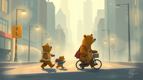 A soft, dreamy illustration capturing a bear family embarking on an urban adventure, bathed in hazy, soft light. This artwork