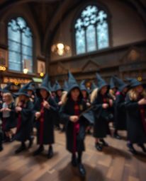 Capture the magic! This stunning long-exposure photograph depicts a whimsical school filled with young wizards, showcasing a 