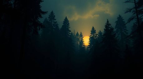 A captivating digital painting showcases a strong, moody style depicting sunset light filtering through a dense forest.  The 