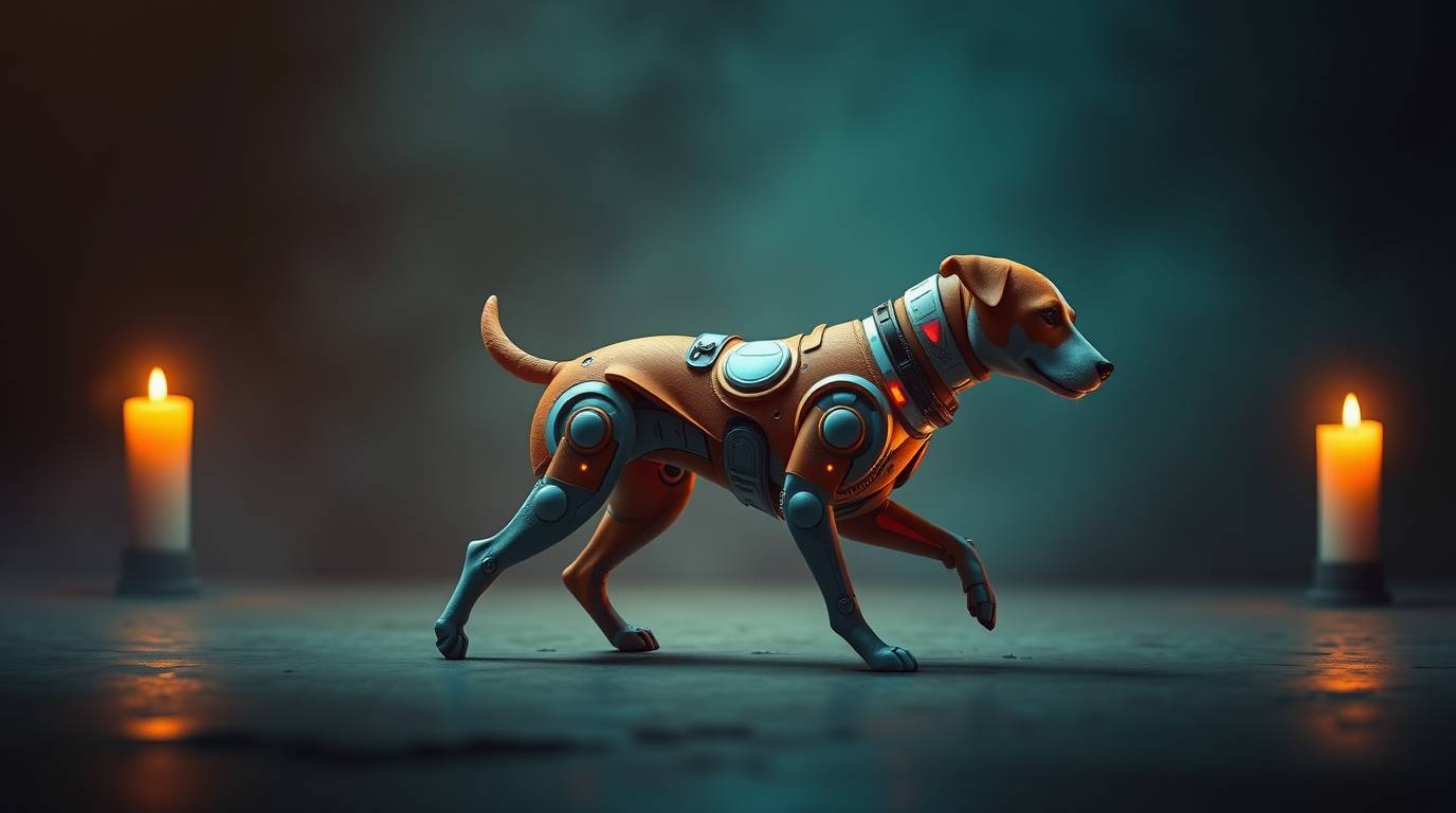 A futuristic dog takes a solo stroll through the cosmos, bathed in the warm glow of candlelight.  This surreal scene contrast