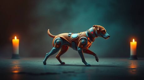 A futuristic dog takes a solo stroll through the cosmos, bathed in the warm glow of candlelight.  This surreal scene contrast