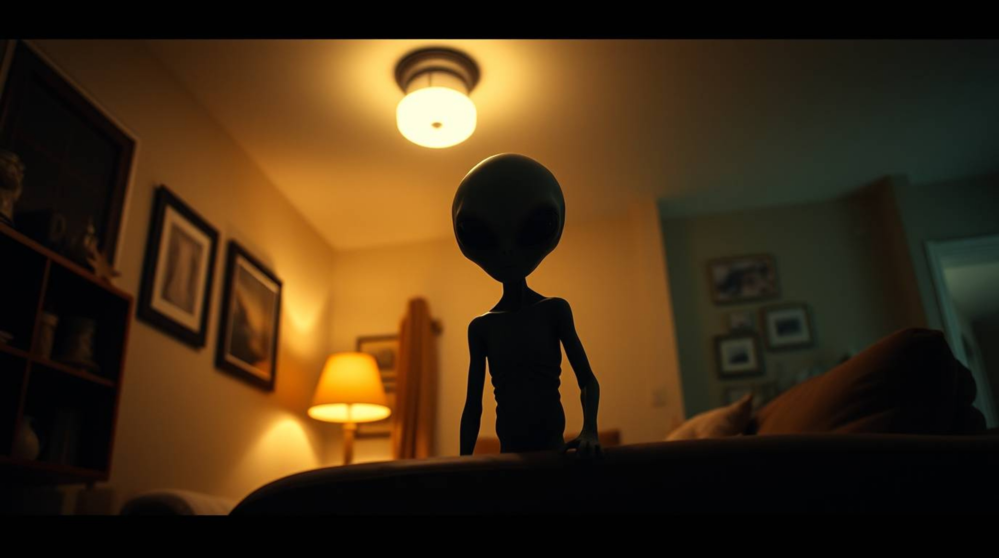 A captivating fine art photograph depicts an alien inhabitant within a tranquil suburban home.  The image masterfully employs