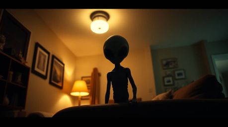 A captivating fine art photograph depicts an alien inhabitant within a tranquil suburban home.  The image masterfully employs