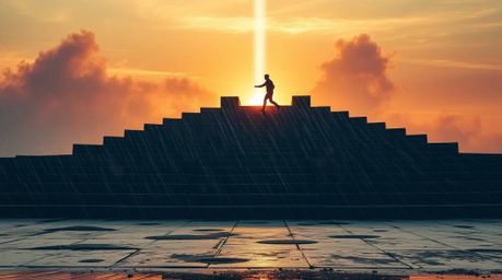 A lone figure ascends a stone staircase towards a divine beam of light, set against a breathtaking backdrop of a sunset sky o