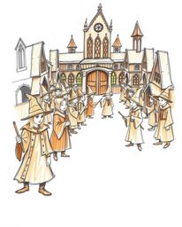 A charming hand-drawn sketch depicts a magical school teeming with young wizards, rendered beautifully in natural earth tones