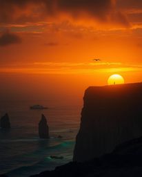 This image captures a sunset over a coastal cliff with soaring birds, creating an eerie and creepy atmosphere through its uni