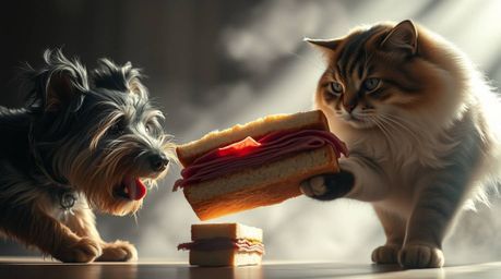 A scruffy terrier and a fluffy Persian cat are locked in a hilarious and intense battle for a colossal pastrami on rye sandwi