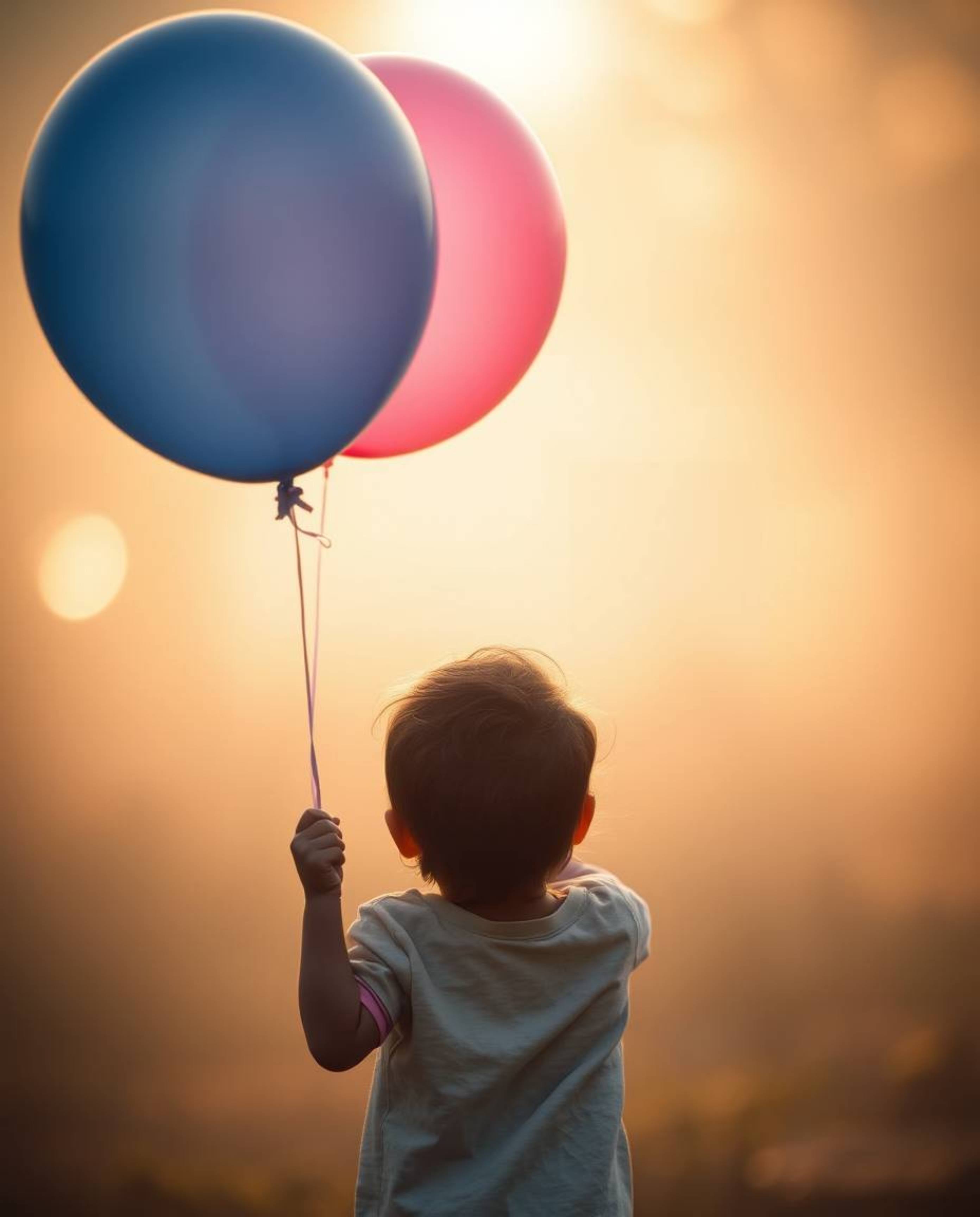 This image captures a child holding a balloon in a dreamlike setting, utilizing cinematic haze and soft focus to create a nos