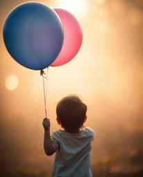 This image captures a child holding a balloon in a dreamlike setting, utilizing cinematic haze and soft focus to create a nos