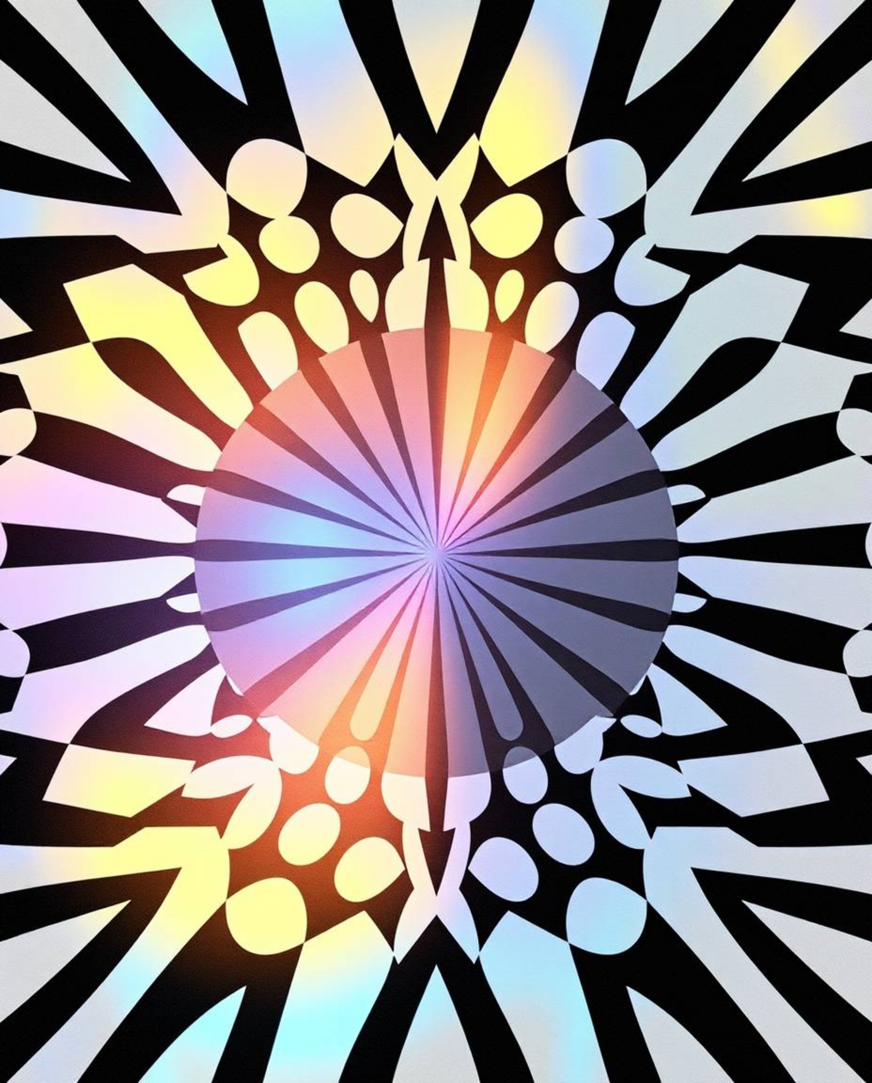 A captivating fine art photograph featuring iridescent colors beautifully overlaid on a striking black and white geometric op