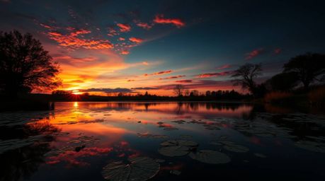 A stunning high-resolution stock photo depicting a serene pond reflecting a vibrant sunset.  The image showcases masterful ch